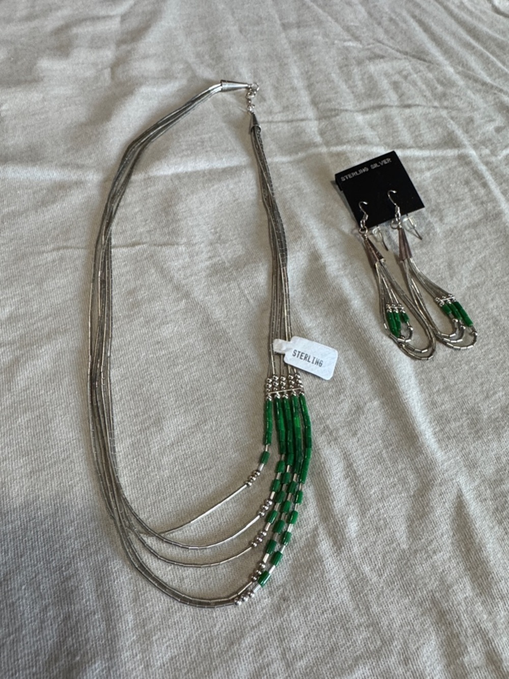 Multi-Strand Necklace & Earrings Set with Green Beads